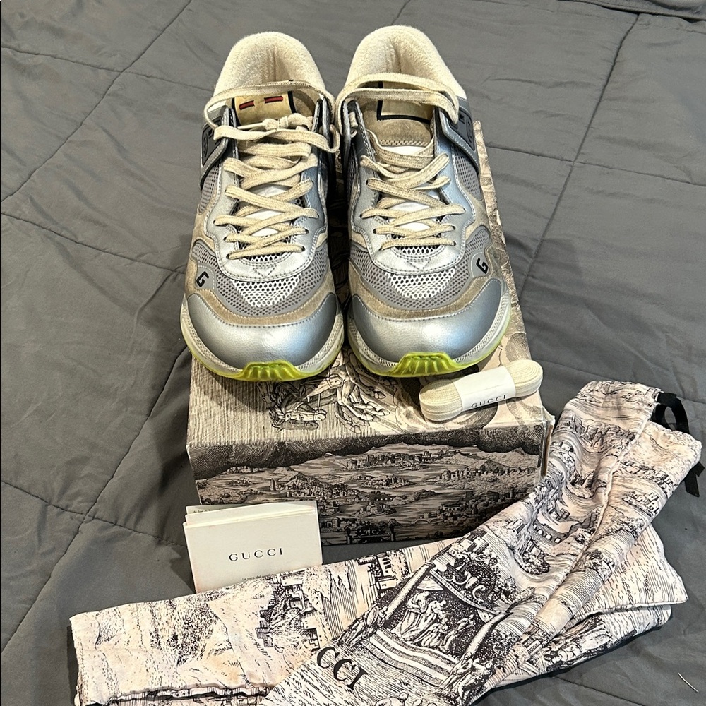 Gucci Ultrapace Metallic Silver Sneakers with Lime Accents